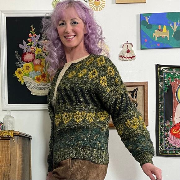 Vintage Green & Gold Grandpa Cardigan, 1970s Hand Knit Button Front Sweater Sz L - Picture 4 of 11